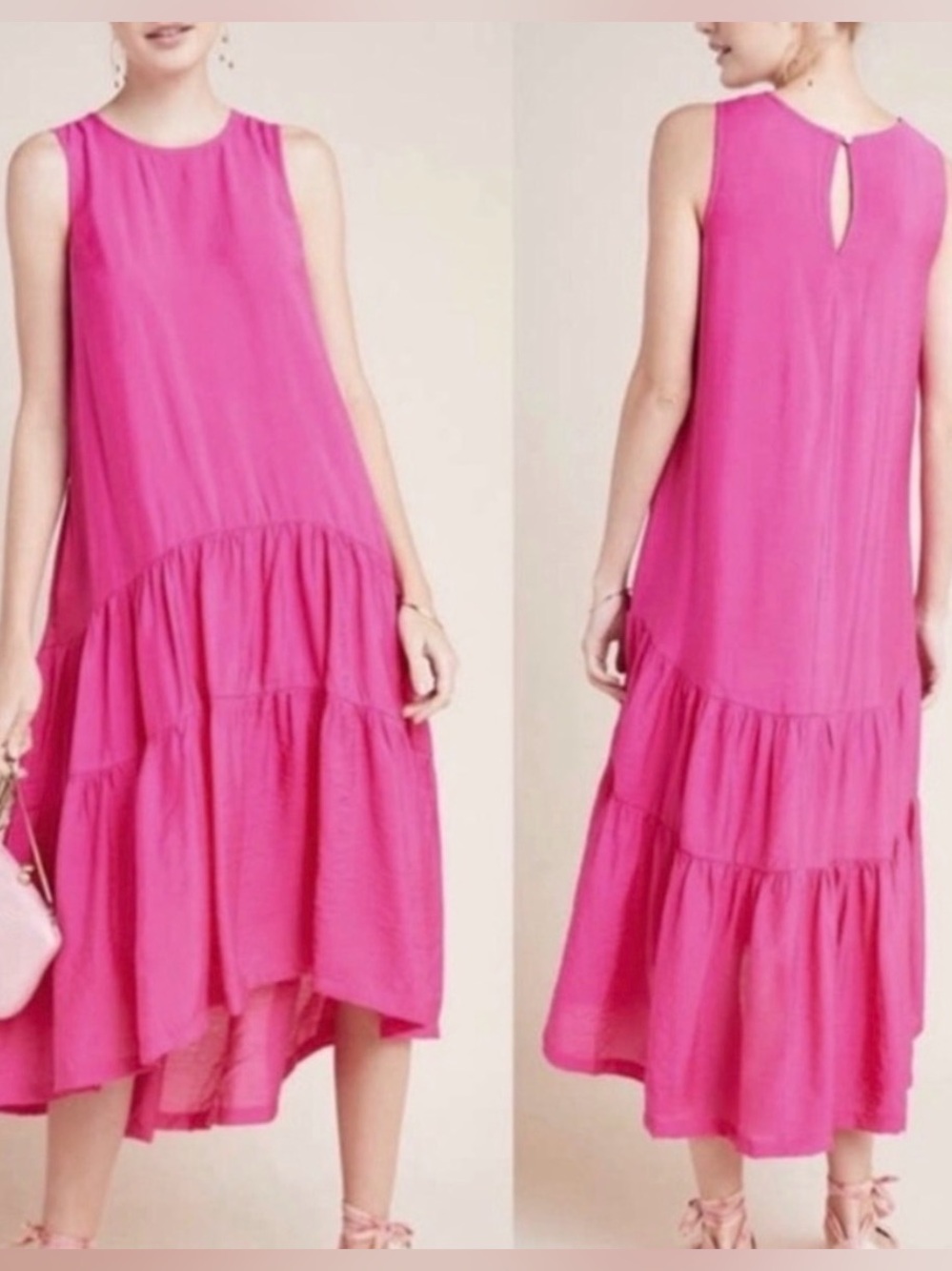 Maeve Anthropologie Pink Tiered Maxi Dress Sleeveless Fuchsia Trapeze small